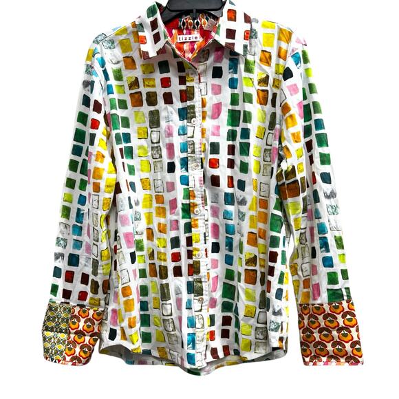 TIZZIE (Dizzy Lizzy) Rome color code block artsy effortless button blouse sz L - Picture 1 of 9